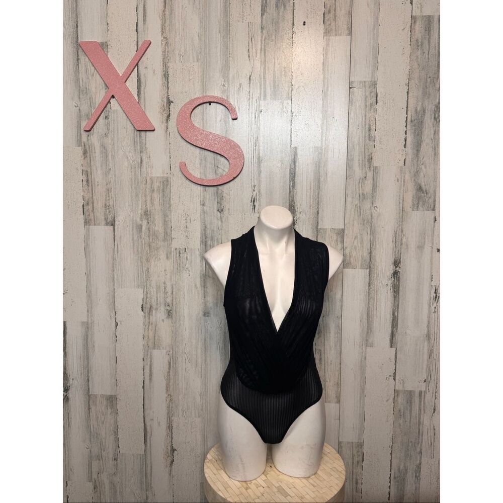 Fashion Nova Black Sheer Deep V Bodysuit Size XS